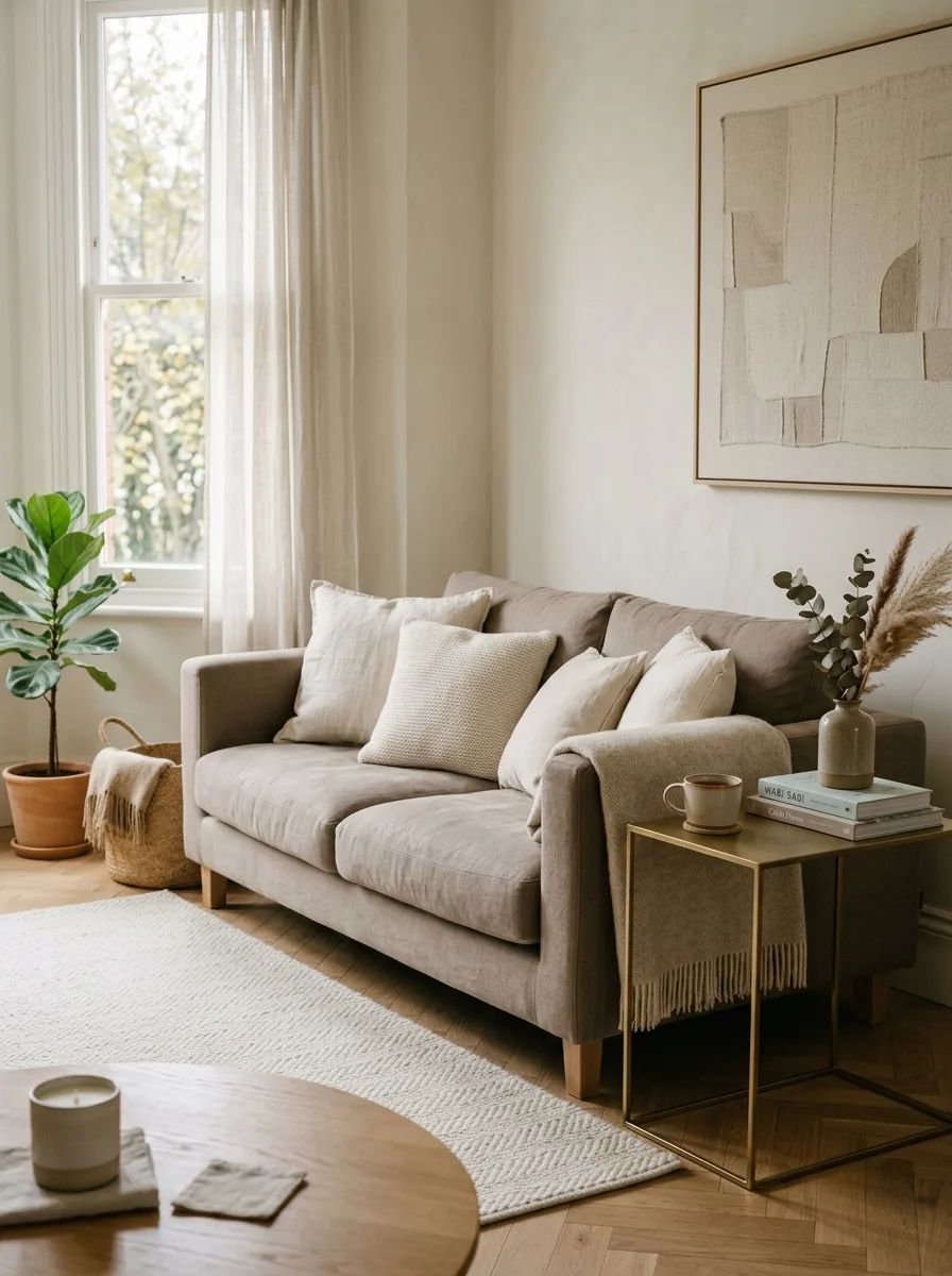 Cream and taupe living room with warm gold brass accents showing a timeless elegant living room palette