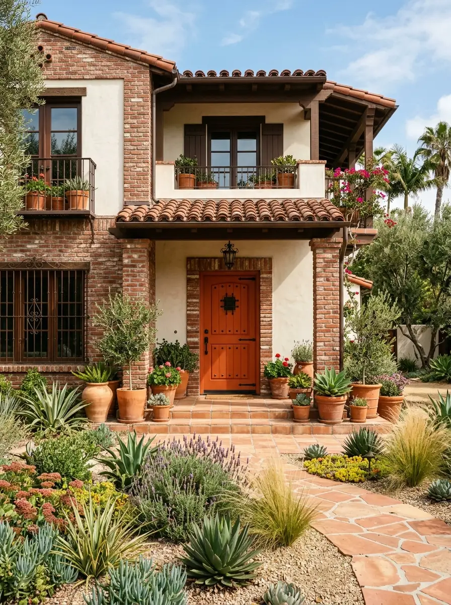 Red brick exterior with creamy white stucco sections, burnt orange door, terracotta planters, and wrought iron details creating warm Mediterranean curb appeal