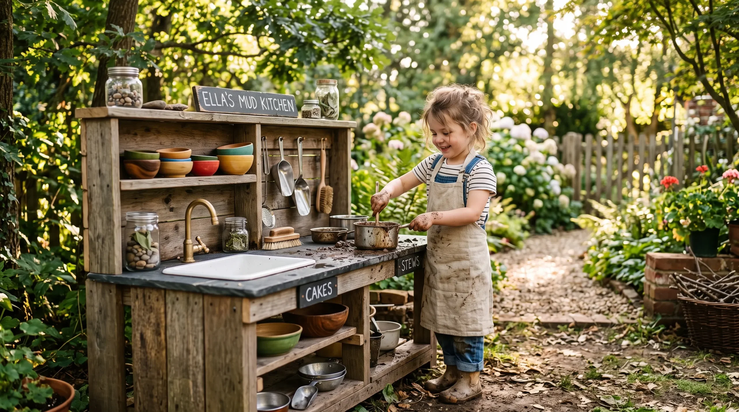 A rustic outdoor mud kitchen setup with reclaimed wood shelving, ceramic sink, and a child in a linen apron playing in a sunny backyard garden