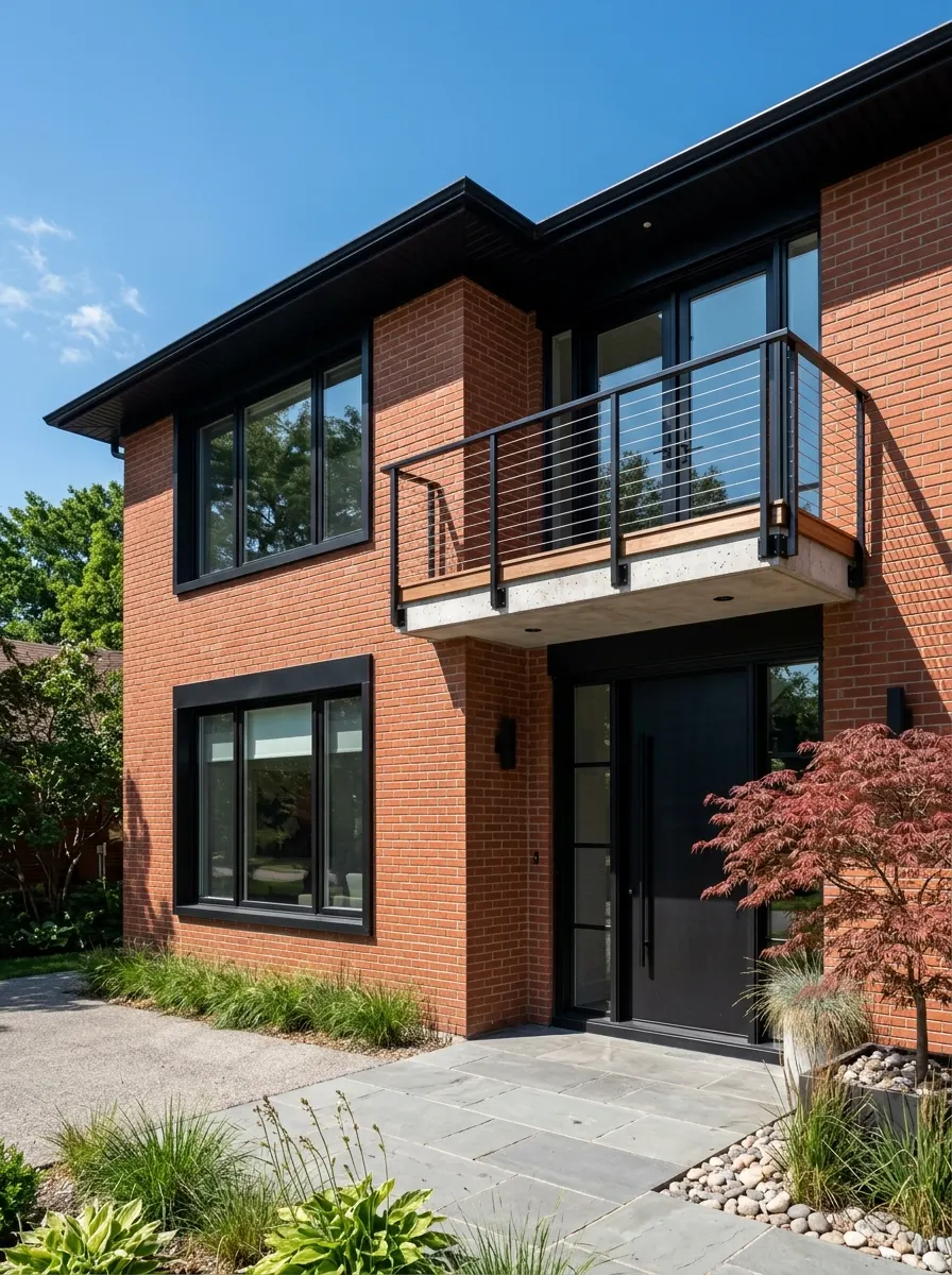 Contemporary red brick house exterior with matte black window trim, black fascia, black pivot door, and cable railing for bold minimalist curb appeal