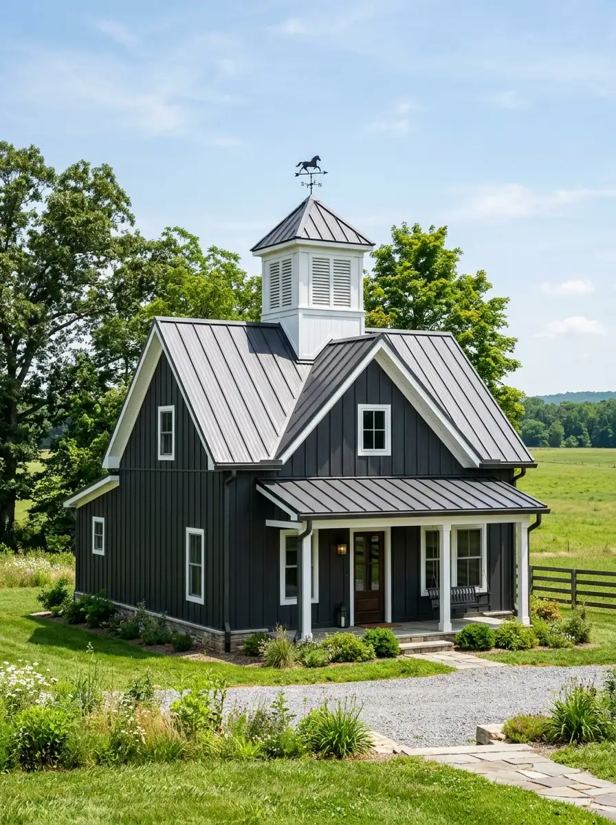 19 Stunning Small Barndominium Exterior Ideas That Prove Simple Barn House Designs Can Make a Big Impact 9 Small barndominium exterior with charcoal board-and-batten siding and a white cupola centered on the metal gable ridge with louvered vents