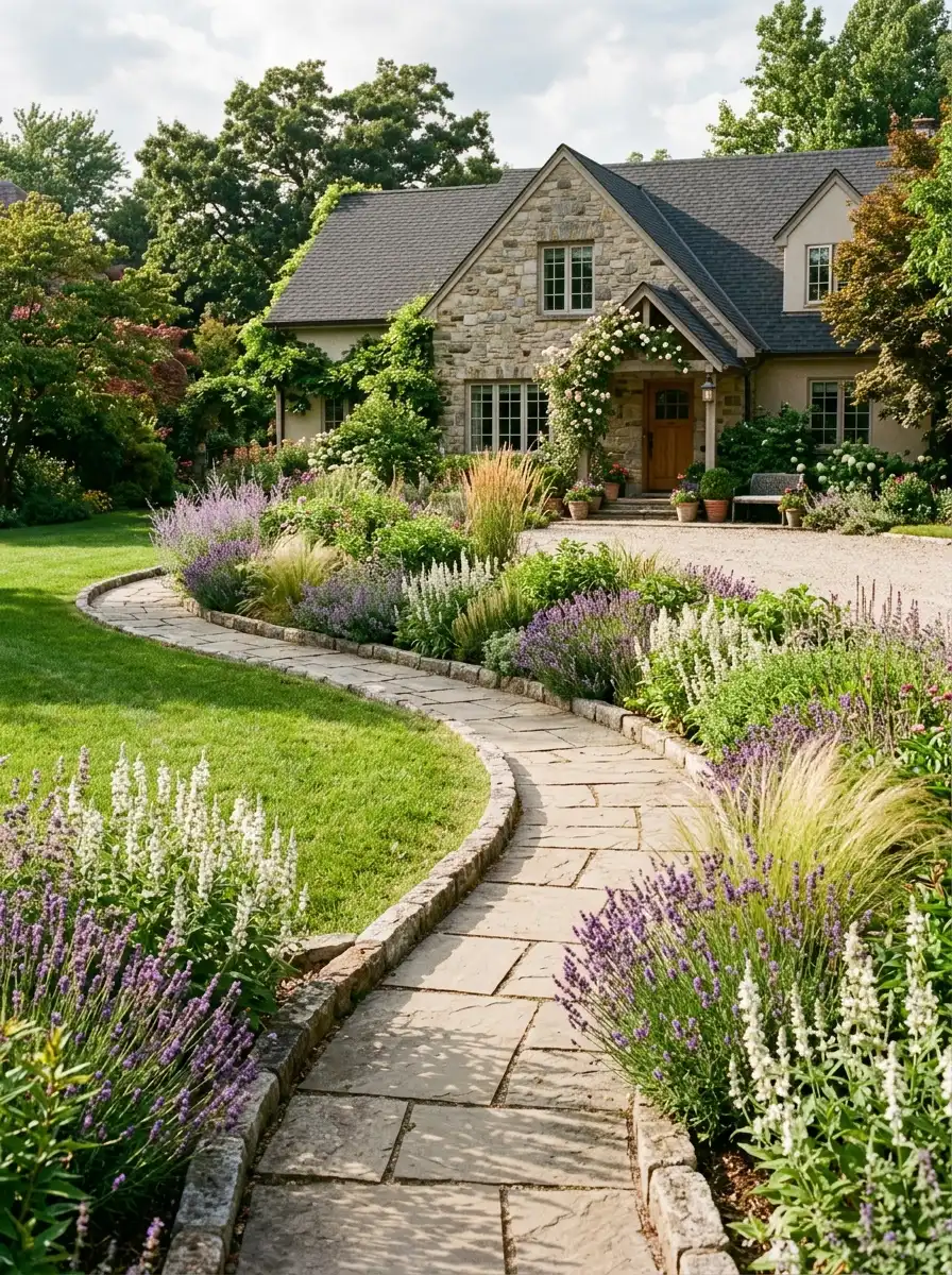 Curved front yard garden beds following a golden arc spiral path with mixed lavender and ornamental grass plantings