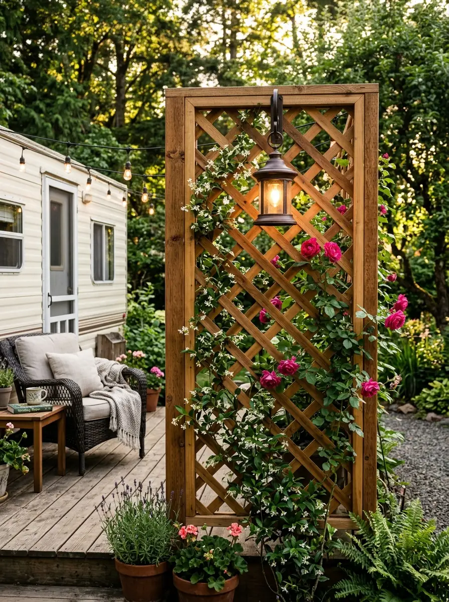 Cedar lattice privacy screen with trailing jasmine and a hanging lantern on a mobile home patio in warm afternoon light