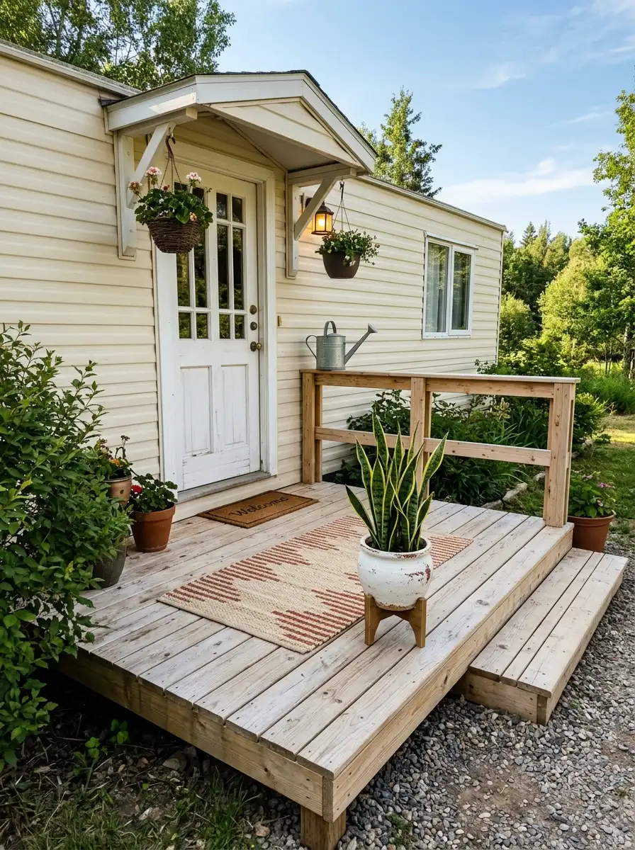 DIY pallet wood deck with cream outdoor rug and potted snake plant extending from mobile home front door in afternoon light