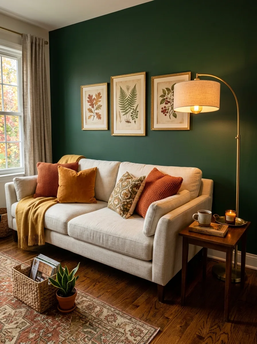 Deep forest green accent wall behind a cream sofa with brass lamp and fall pillows in a cozy living room