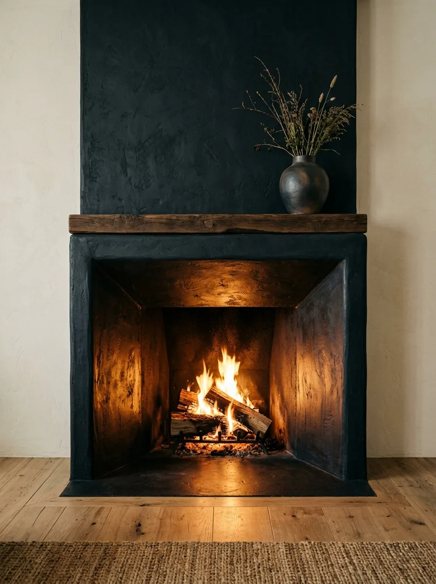 20 Fireplace Design Ideas Built Around the Three Pillars of Color, Space, and Flame 2 Bold fireplace decor with matte charcoal black surround, cream walls, and golden firelight creating a dramatic living room contrast