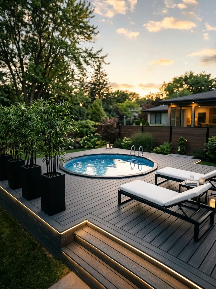 21 Amazing Above Ground Pool Deck Ideas That Go Beyond the Basic Deck With Style, Comfort, and Function 3 Dark charcoal composite above ground pool deck with black loungers, LED stair lighting, and bamboo plants in modern backyard