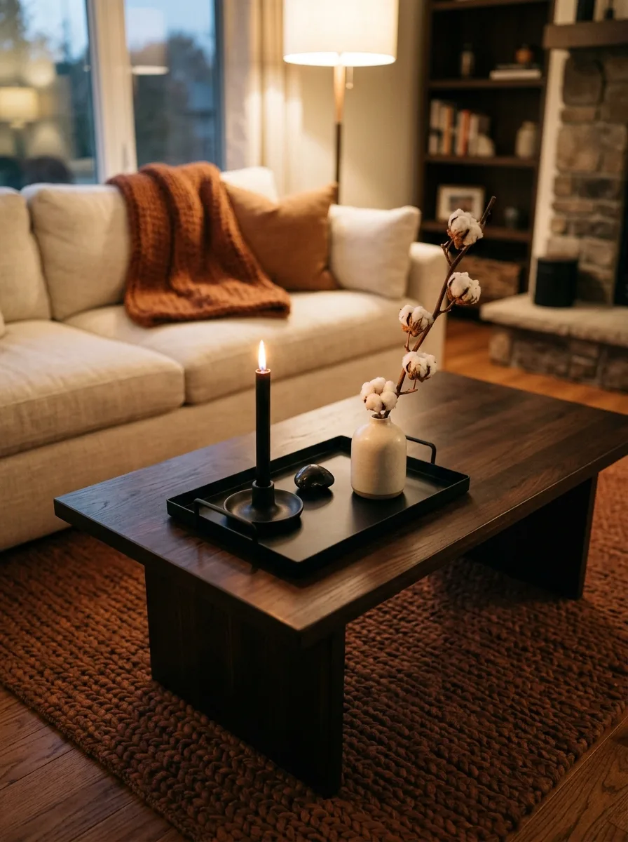 Dark coffee table styled with black tray, taper candle, and dried cotton stem for moody sophisticated fall living room decor