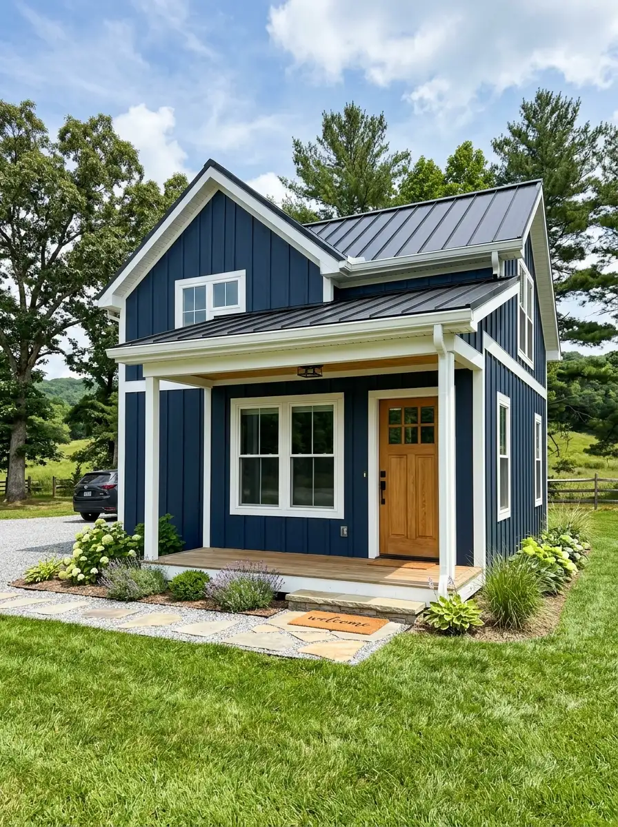 19 Stunning Small Barndominium Exterior Ideas That Prove Simple Barn House Designs Can Make a Big Impact 5 Small barndominium exterior with deep navy board-and-batten siding, white trim, black metal roof, and warm wood front door in bright daylight