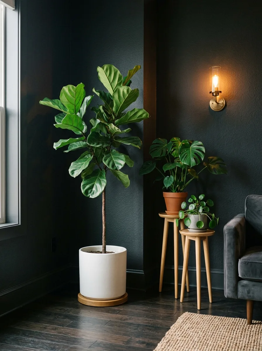 The 20 Houseplant Corners We Keep Coming Back to for Real Inspiration 1 Moody houseplant corner with fiddle leaf fig against charcoal wall, wooden plant stands, and warm amber sconce lighting