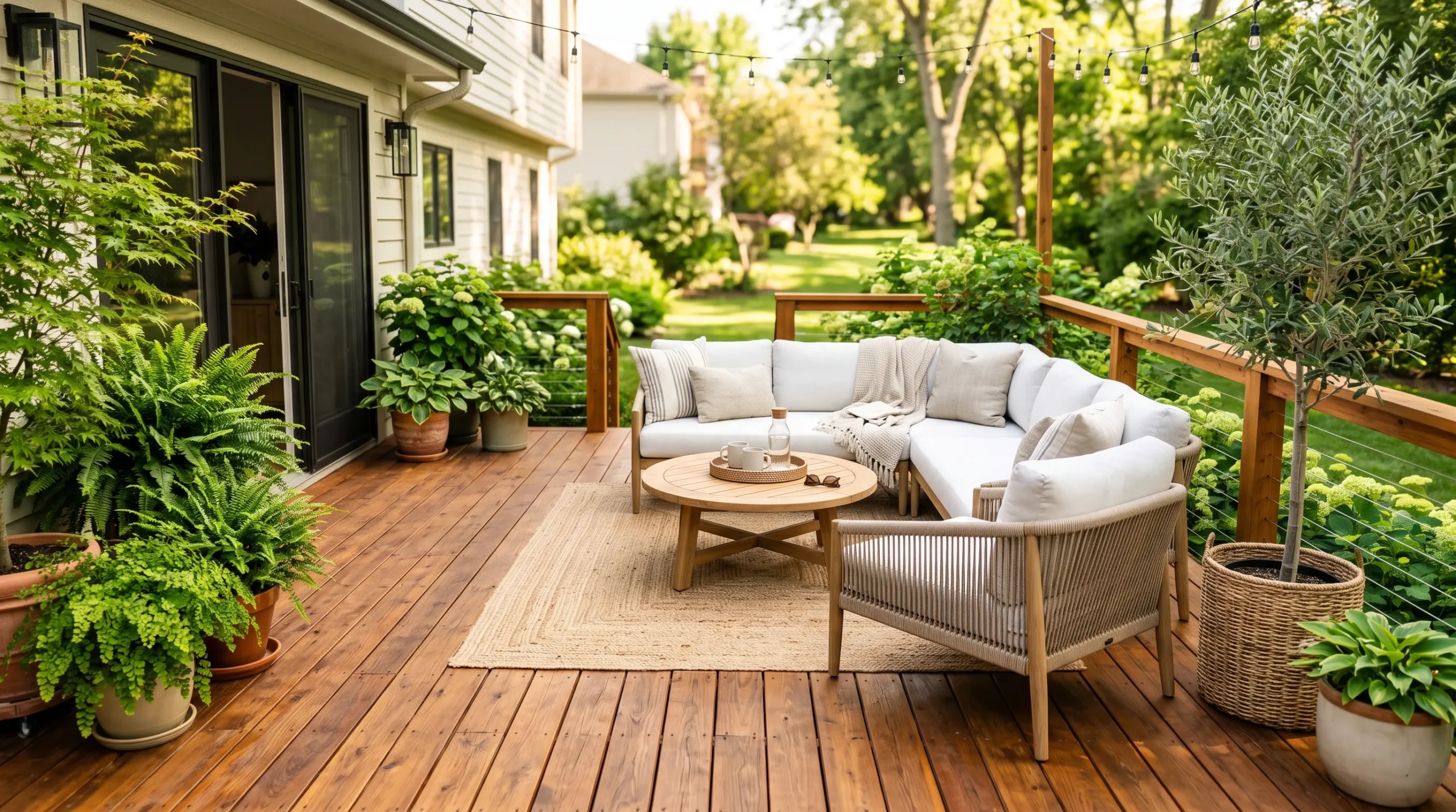 Beautiful cedar deck with chestnut semi-transparent finish showcasing expert deck stain color ideas for cohesive outdoor style