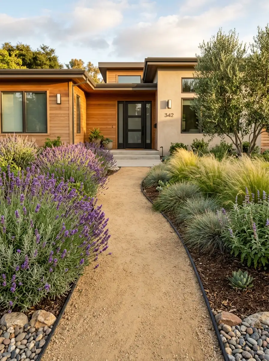 Decomposed granite pathway edged with steel borders and lavender in a stylish no grass front yard design