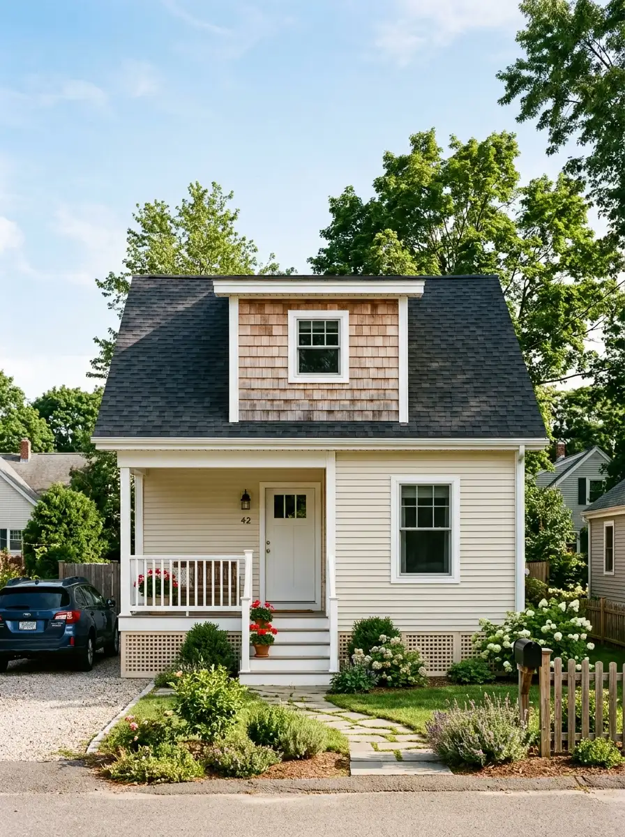 Mobile home exterior with cedar clad shed dormer, white trim window, and dark charcoal main roof shingles for an architectural roofline detail upgrade