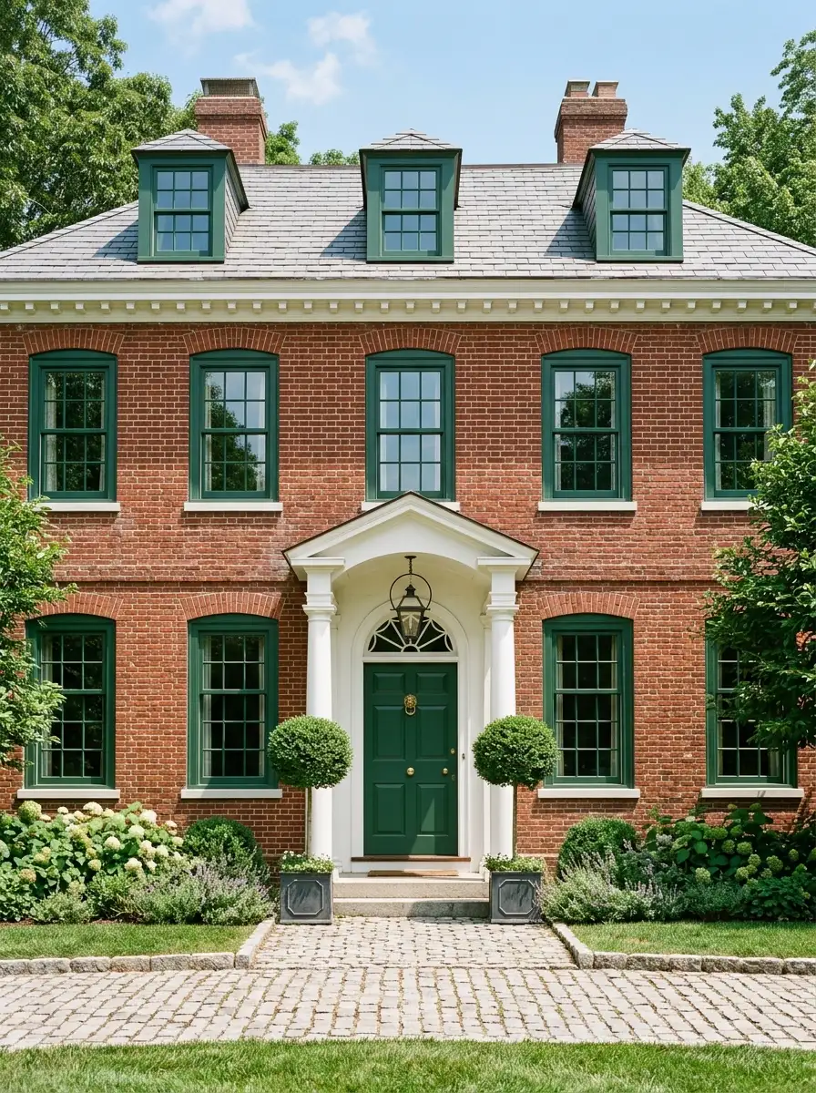 Traditional red brick home with deep forest green trim, matching front door, brass hardware, and boxwood topiaries for timeless curb appeal
