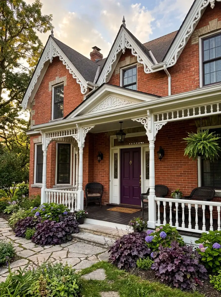 Red brick Victorian home with deep plum front door, white ornate trim, black iron light fixtures, and purple shrubs for dramatic bold curb appeal