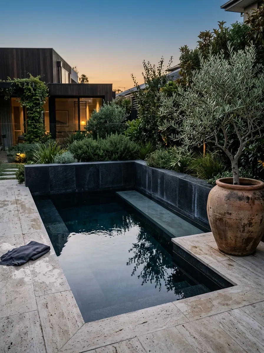 19 Brilliant Small Pool Design Ideas That Make Compact Backyards Feel Like a Private Luxury Resort 3 Small plunge pool design with built-in concrete bench, dark charcoal tiles, and travertine deck in a modern compact backyard