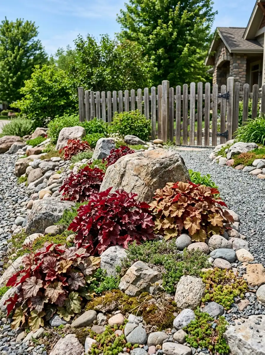 Deep red bronze coral bells landscaping growing between natural boulders and river stones in a front yard rock garden with gravel ground cover