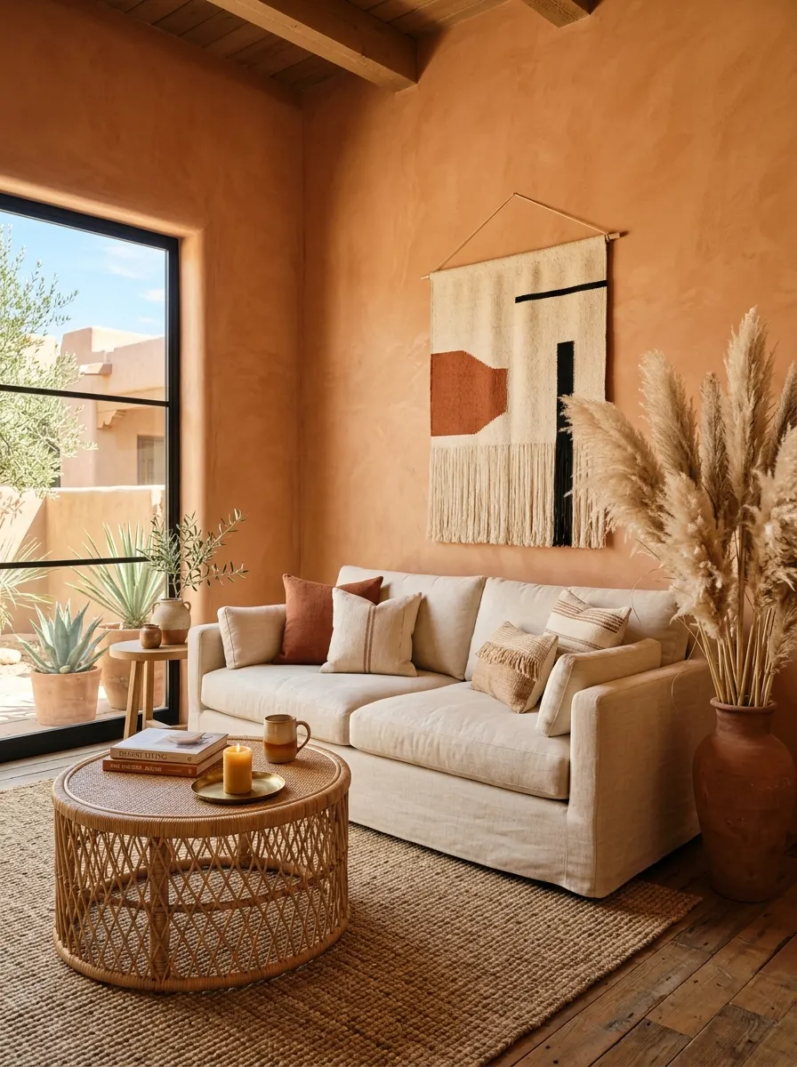 Southwestern living room style with terracotta plaster walls, cream sofa, rattan coffee table, pampas grass in terracotta vase, and jute rug in natural light