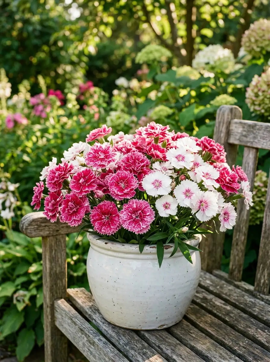 17 Full Sun Perennials for Low-Maintenance Container Gardens That Thrive With Minimal Care 2 Ruffled deep pink and white dianthus pinks blooming in a white ceramic container on a sunny garden bench outdoors