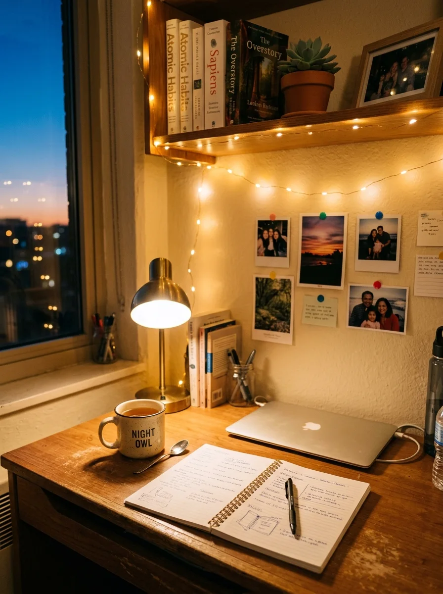 17 Small Dorm Desk Setups That Actually Feel Like a Real Dream Room 13 A dorm desk corner at dusk with warm string lights on the wall above, a glowing desk lamp, open notebook, and pinned photos