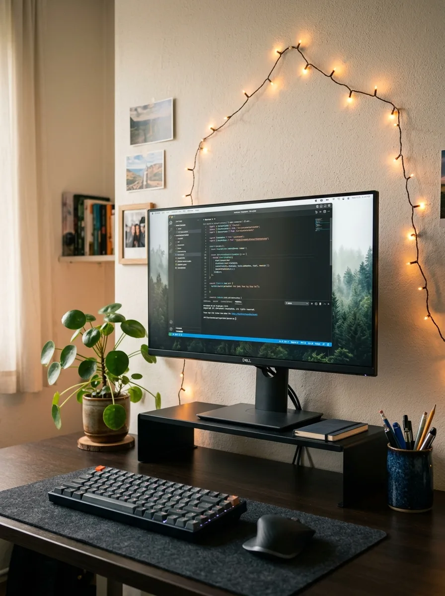 17 Small Dorm Desk Setups That Actually Feel Like a Real Dream Room 15 A dorm desk with a monitor on a riser, fairy lights pinned in an arc behind it, a small plant, and a ceramic pen cup
