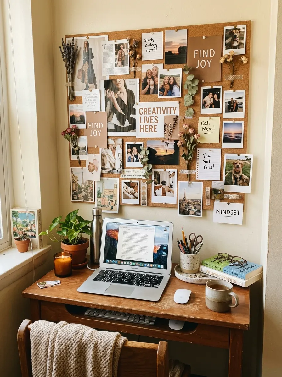 17 Small Dorm Desk Setups That Actually Feel Like a Real Dream Room 7 A dorm room desk setup with a corkboard mood board wall above covered in magazine clippings, photos, and dried flowers