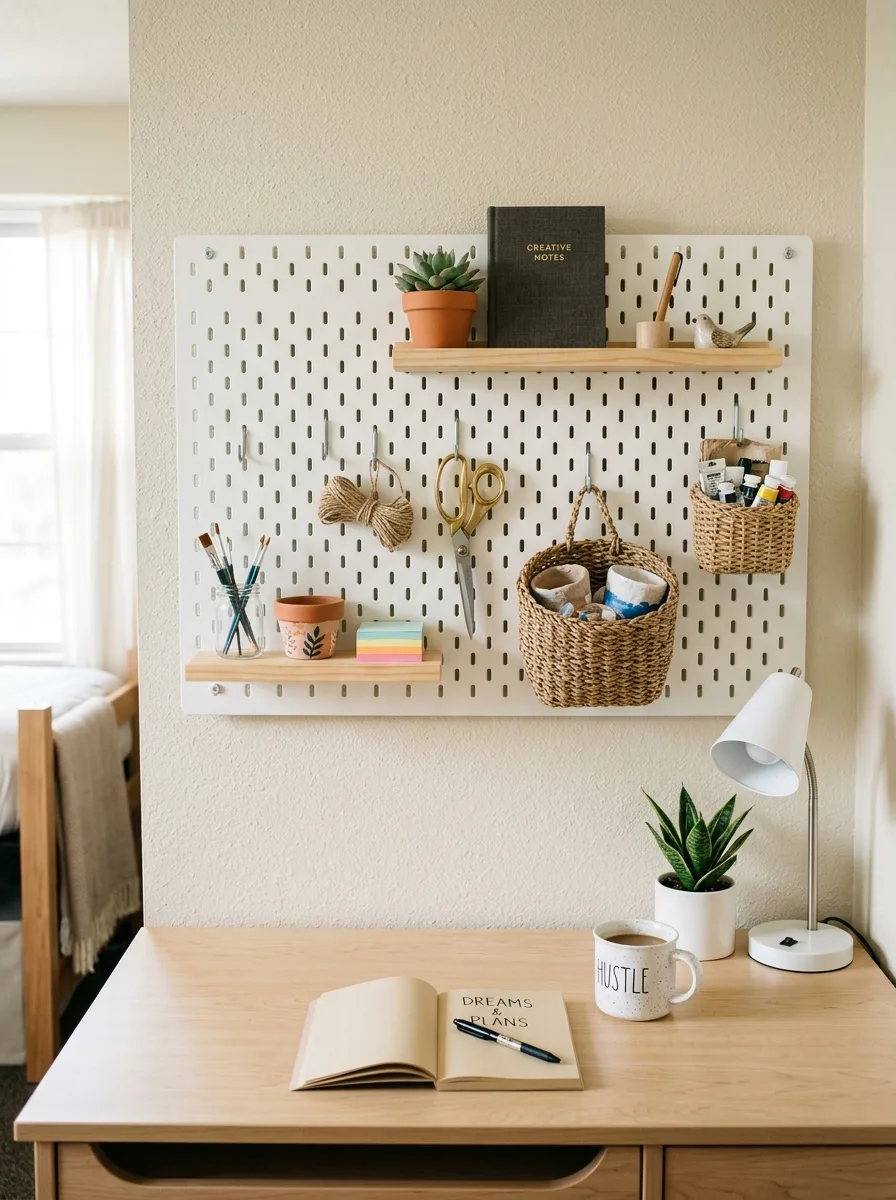 17 Small Dorm Desk Setups That Actually Feel Like a Real Dream Room 4 A dorm room desk with a white pegboard above holding small wood shelves, hooks, succulents, and woven storage baskets