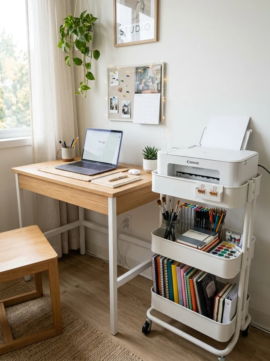 17 Small Dorm Desk Setups That Actually Feel Like a Real Dream Room 14 A small dorm desk with a white three-tier rolling cart beside it holding a printer, art supplies, and folded notebooks