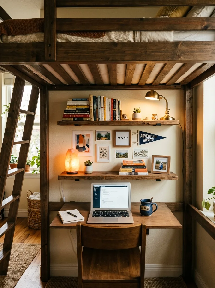 17 Small Dorm Desk Setups That Actually Feel Like a Real Dream Room 9 A dorm desk tucked under a loft bed with floating shelves above holding books, a salt lamp, and gallery wall art prints
