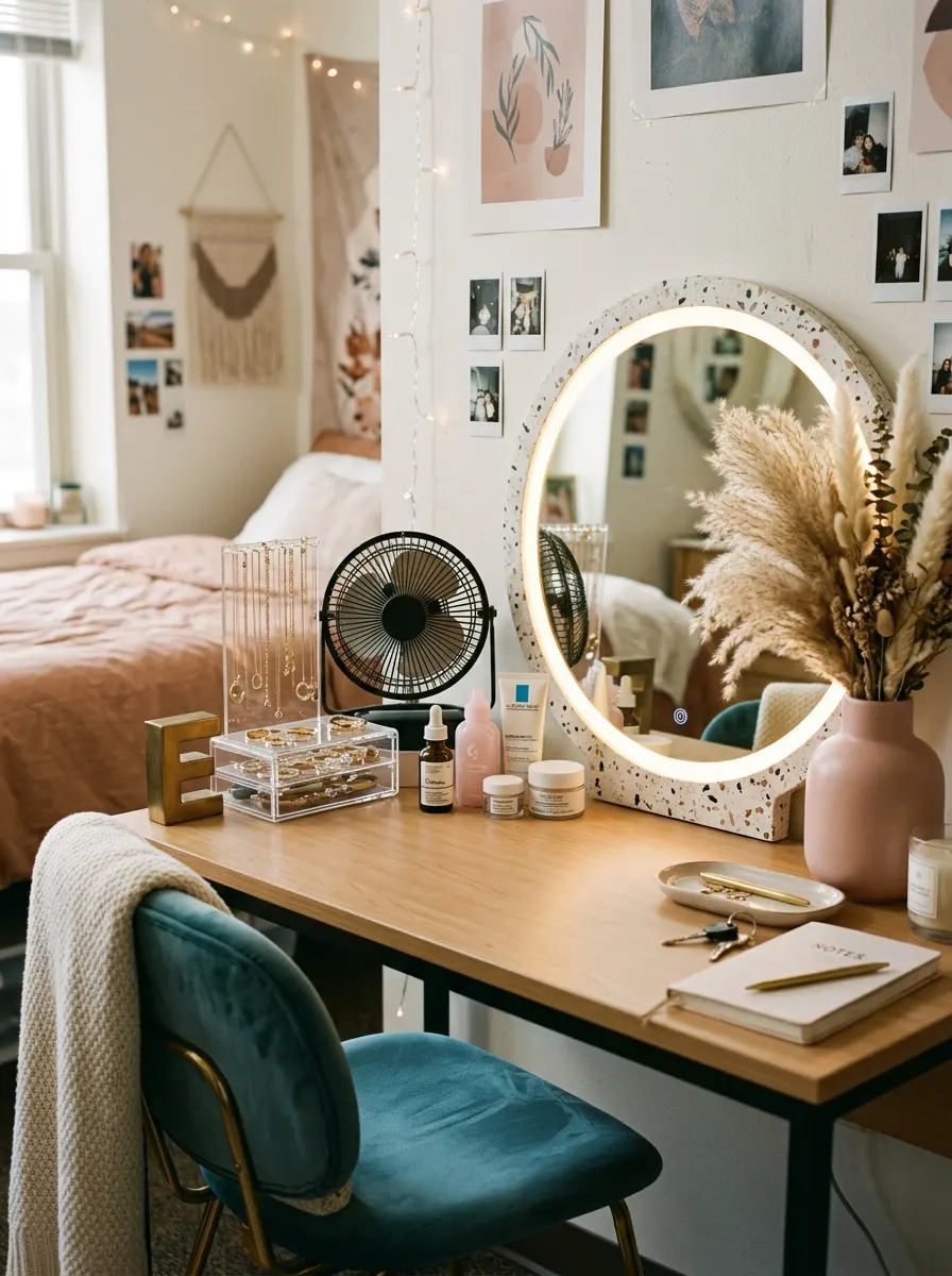 17 Small Dorm Desk Setups That Actually Feel Like a Real Dream Room 10 A dorm desk vanity setup with a lit terrazzo mirror, dried pampas grass, acrylic jewelry organizer, and teal velvet chair