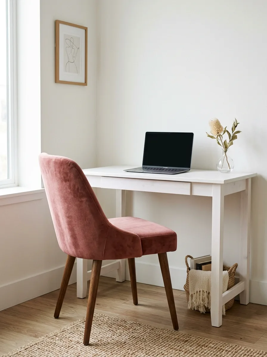 17 Small Dorm Desk Setups That Actually Feel Like a Real Dream Room 16 A small dorm desk with a dusty rose velvet chair with tapered wood legs, a laptop, and a single dried flower bud vase