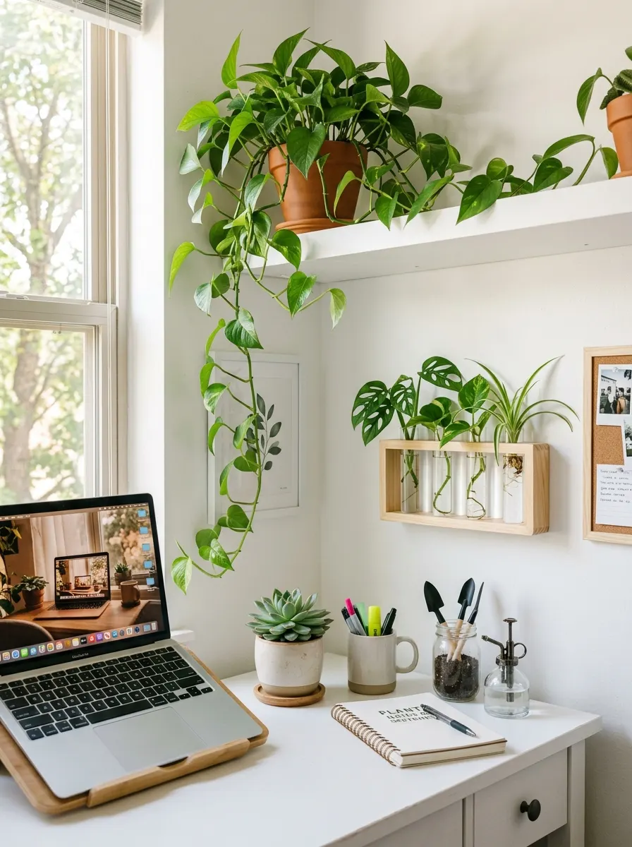 17 Small Dorm Desk Setups That Actually Feel Like a Real Dream Room 11 A bright dorm desk with a trailing pathos on the shelf, a small succulent by the laptop, and a glass propagation station