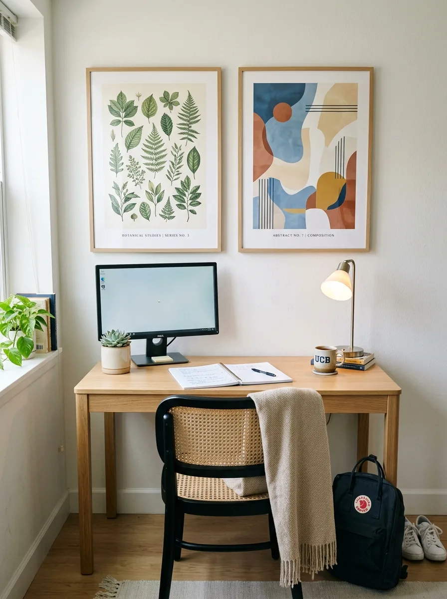 17 Small Dorm Desk Setups That Actually Feel Like a Real Dream Room 2 A college desk setup with two oversized framed wall art prints above a light wood desk and black cane-back chair