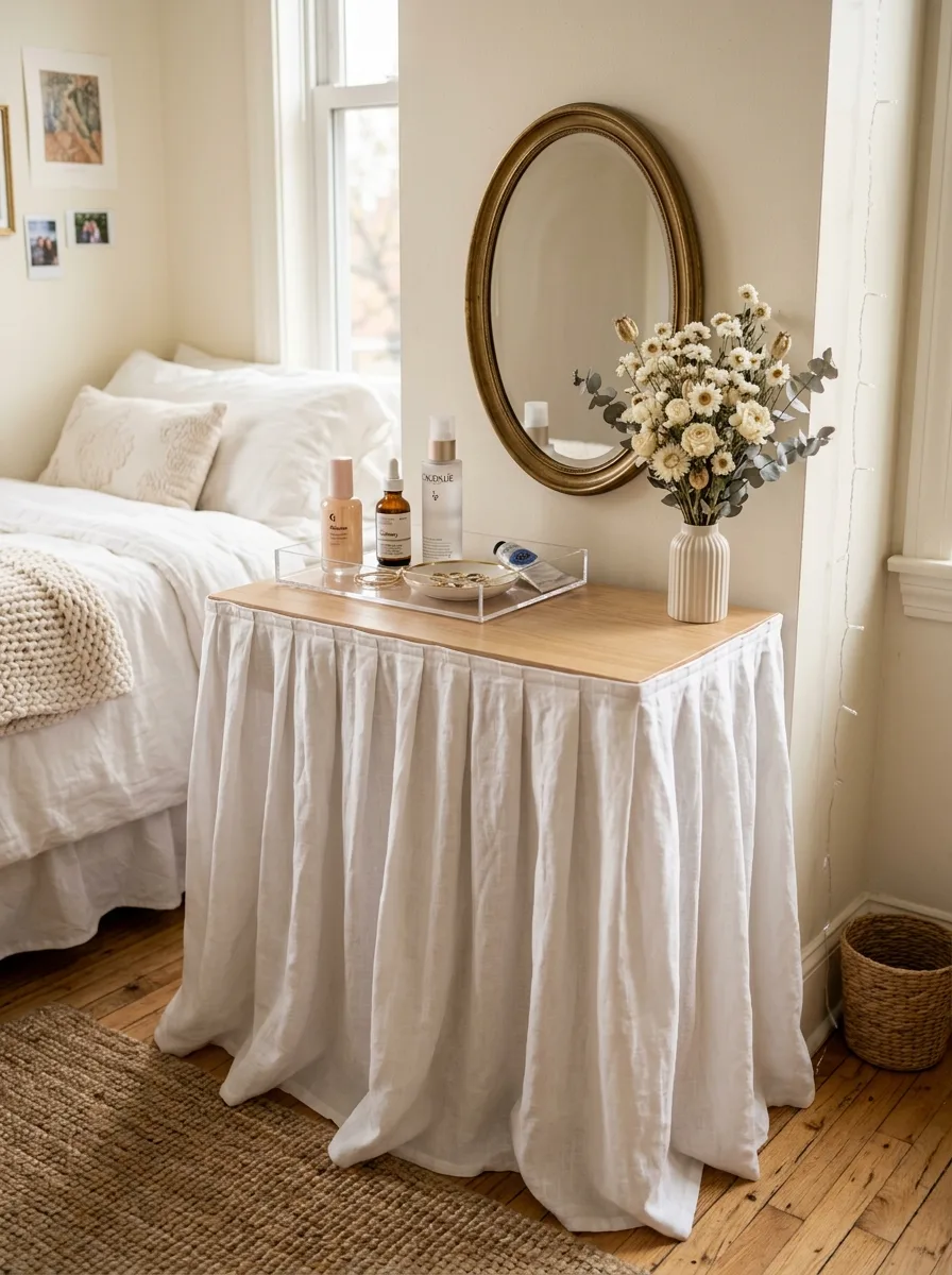 17 Small Dorm Desk Setups That Actually Feel Like a Real Dream Room 6 A small dorm desk with a white linen skirt, oval brass mirror, dried flower bud vase, and skincare accessories on the surface