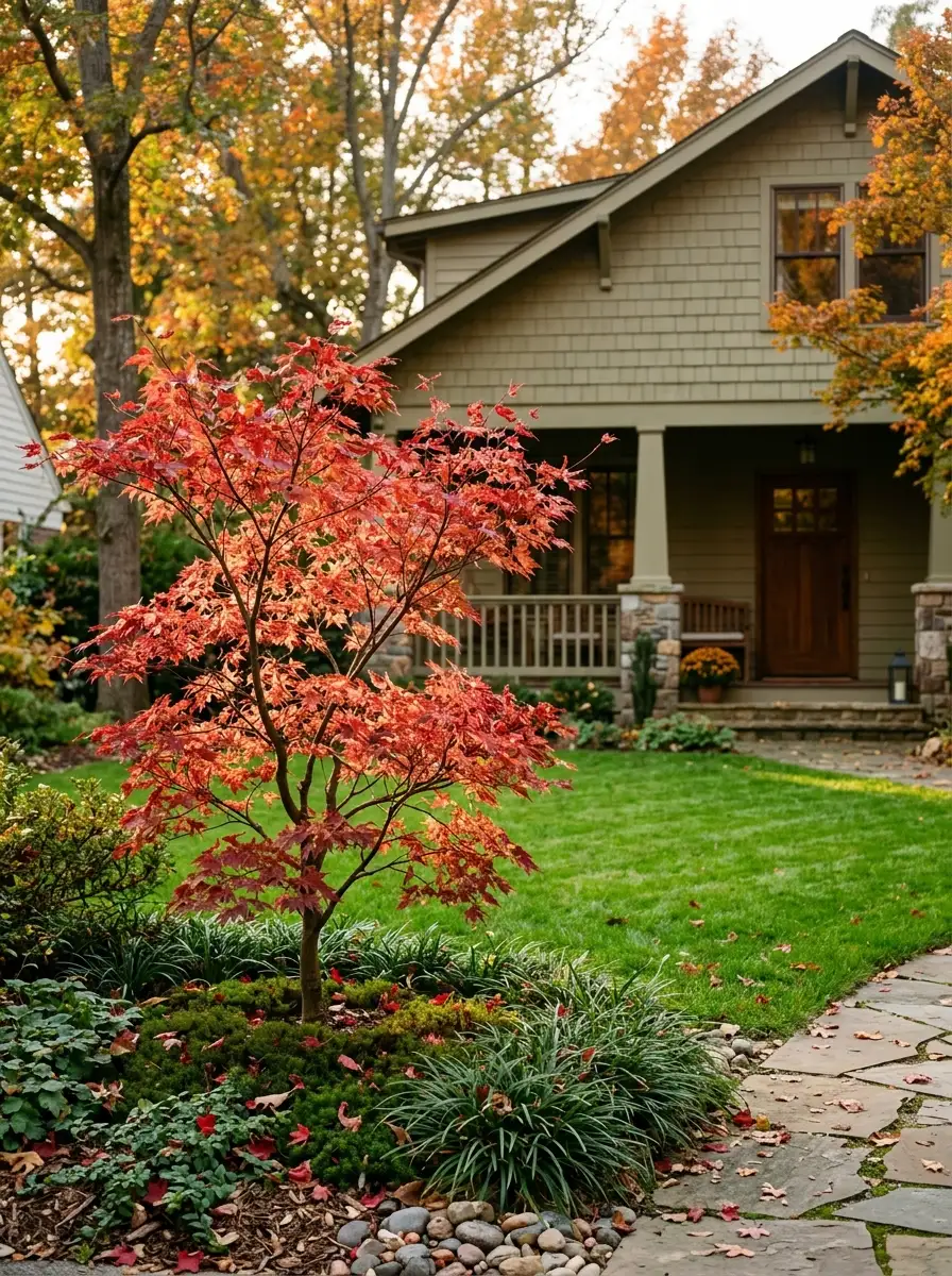 Small Japanese maple off-center in front yard design as focal tree with proportional ground cover and green lawn surround