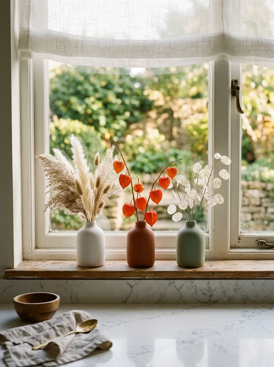 Three small ceramic bud vases with dried pampas grass and Chinese lanterns on a kitchen windowsill for fall kitchen styling