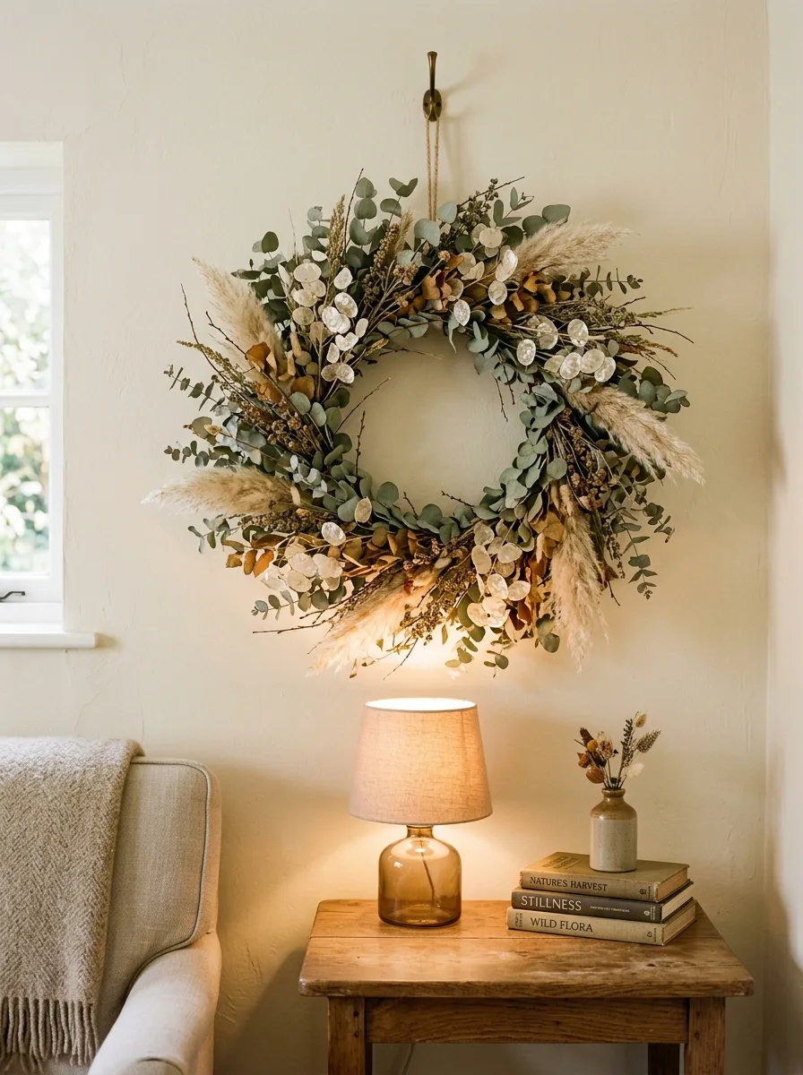 Large dried eucalyptus wreath hung on a cream interior wall above a side table for elegant fall living room decor
