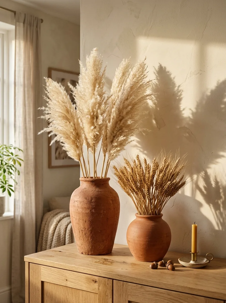 Dried pampas grass and wheat stalks in terracotta vases styled on an oak sideboard for autumn living room decor