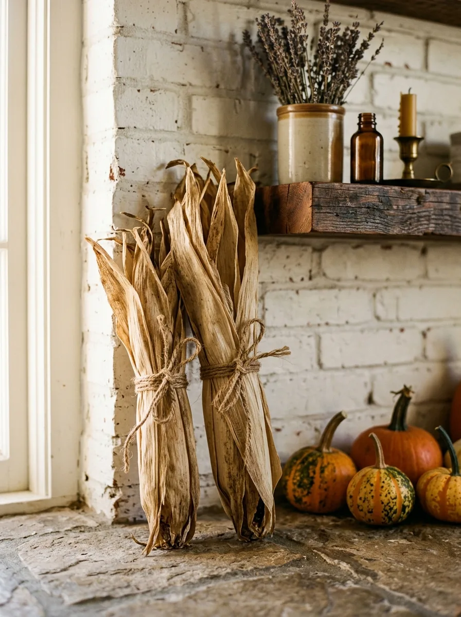 Two dried corn husk bundles tied with natural twine leaning against white brick kitchen wall with gourds for autumn kitchen decor