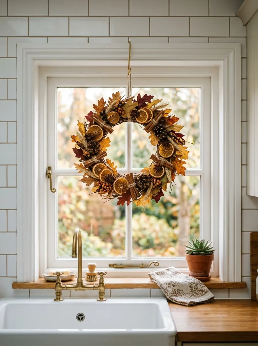 Dried orange slice and cinnamon stick fall wreath above kitchen sink window on white subway tile for fall kitchen styling