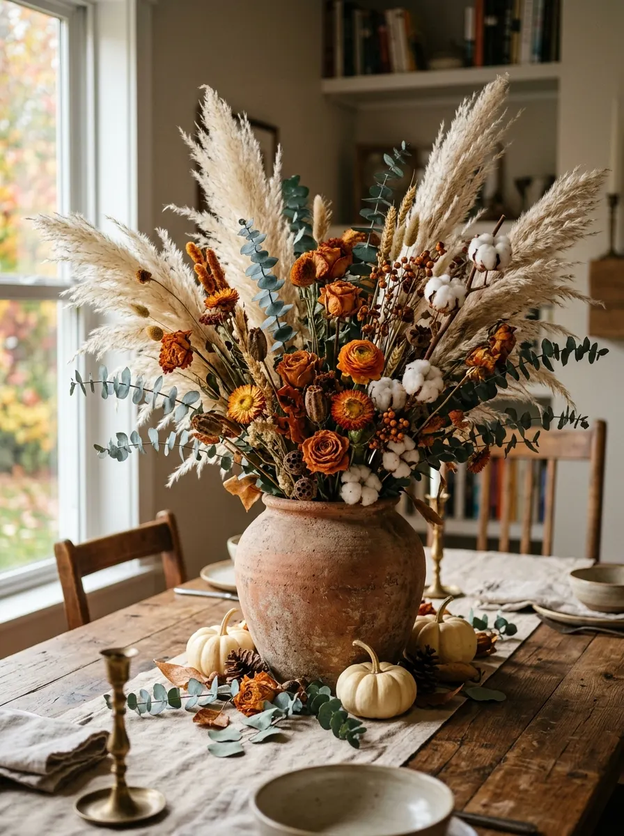 The 16 Small Decisions That Make Fall Table Décor Actually Worth Noticing 14 Dried pampas grass, eucalyptus, and rust florals in a terracotta vase for a long-lasting fall tablescape centerpiece