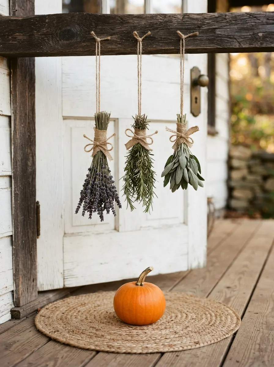 Dried lavender, rosemary, and sage bundles tied with burlap twine hanging from a porch beam for autumn porch styling