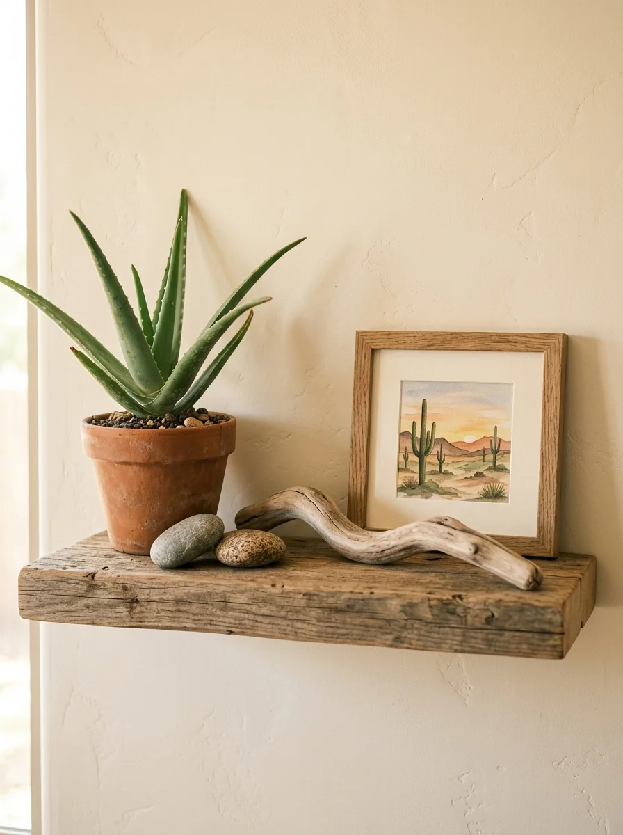 Western home decor floating shelf with driftwood, river stones, aloe in terracotta pot, and small desert landscape print in warm natural light
