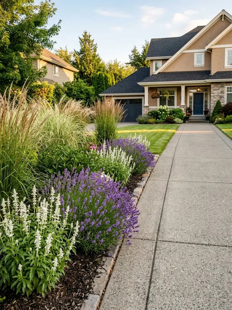 Driveway edged with proportional planting strip of ornamental grasses and lavender in a golden ratio front yard landscaping design