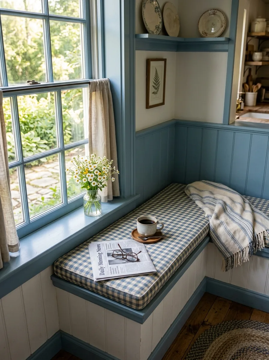 Dusty blue painted millwork and gingham cushion in a breakfast nook channeling Nancy Meyers inspired decor