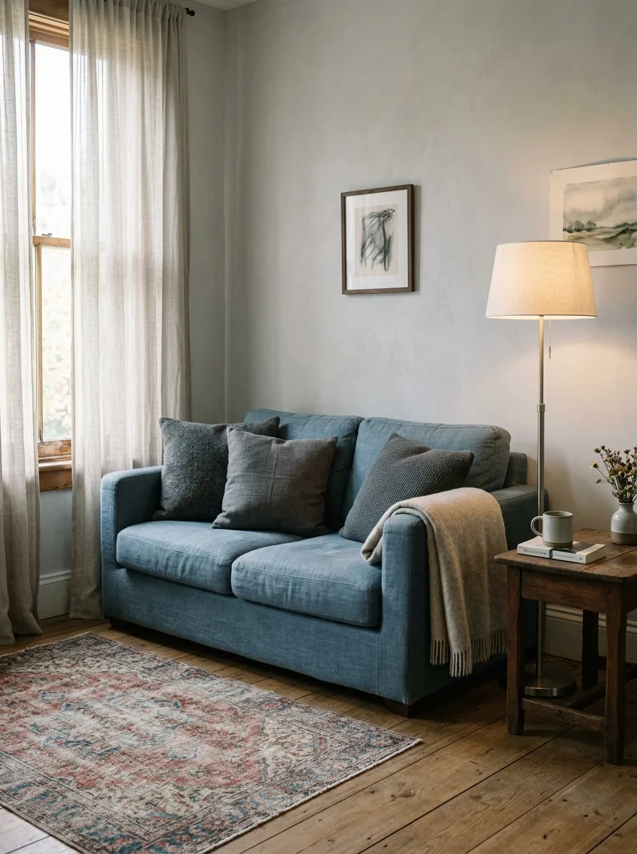 Dusty blue sofa with charcoal pillows and vintage rug demonstrating room color and mood through serene, introspective quiet luxury styling