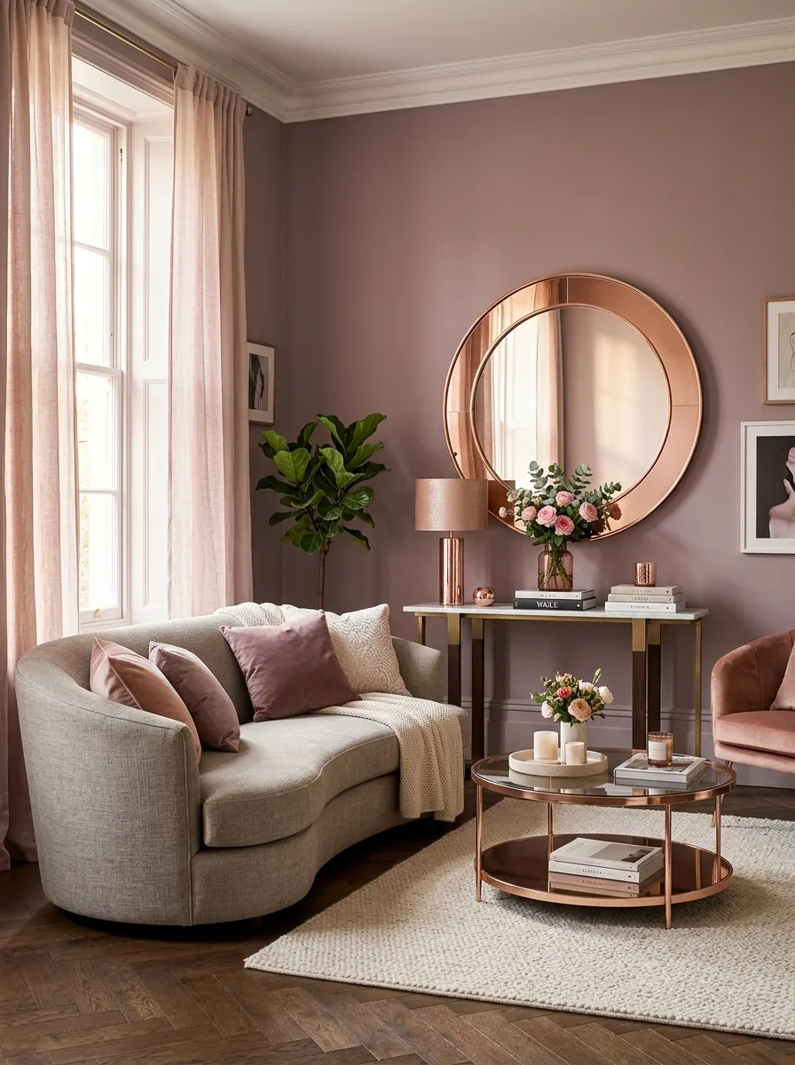 Dusty mauve walls with curved greige sofa and rose gold mirror forming a romantic elegant living room palette