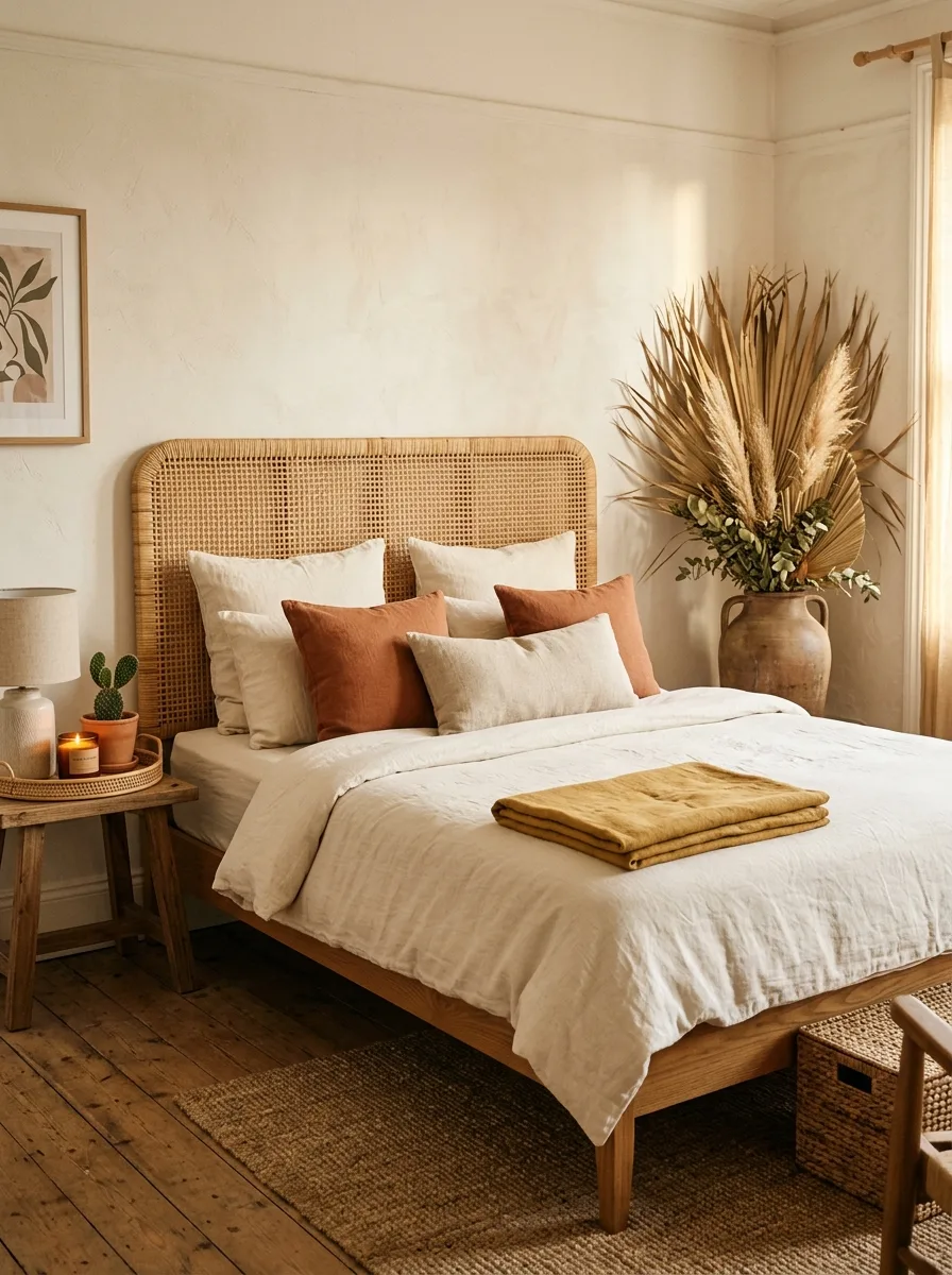 Earthy seasonal bedroom style with natural rattan woven headboard, terracotta pillows, mustard throw, dried palm leaves in floor vase, and rattan tray