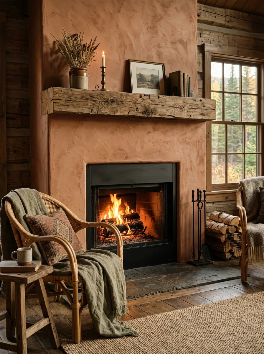 20 Fireplace Design Ideas Built Around the Three Pillars of Color, Space, and Flame 1 Earthy fireplace decor featuring terracotta plaster surround, reclaimed oak mantel, and warm amber flames in a cozy living room
