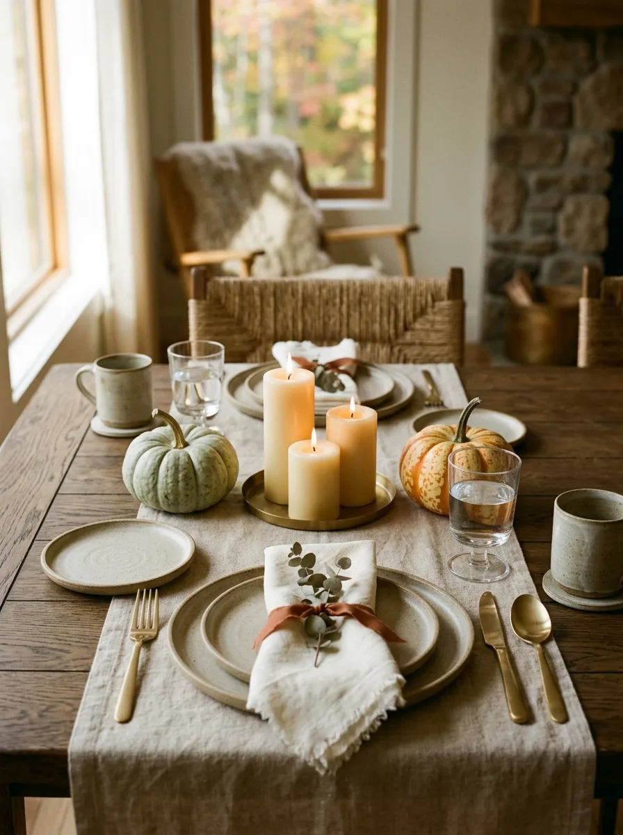 The 16 Small Decisions That Make Fall Table Décor Actually Worth Noticing 16 Minimally edited fall table décor with cream candles, two heirloom pumpkins, and clean place settings showing purposeful restraint